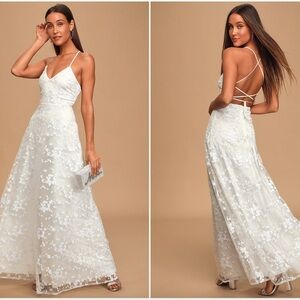 Lulu’s Magically Charming White Sequin Embroidered Lace-Up Maxi Dress